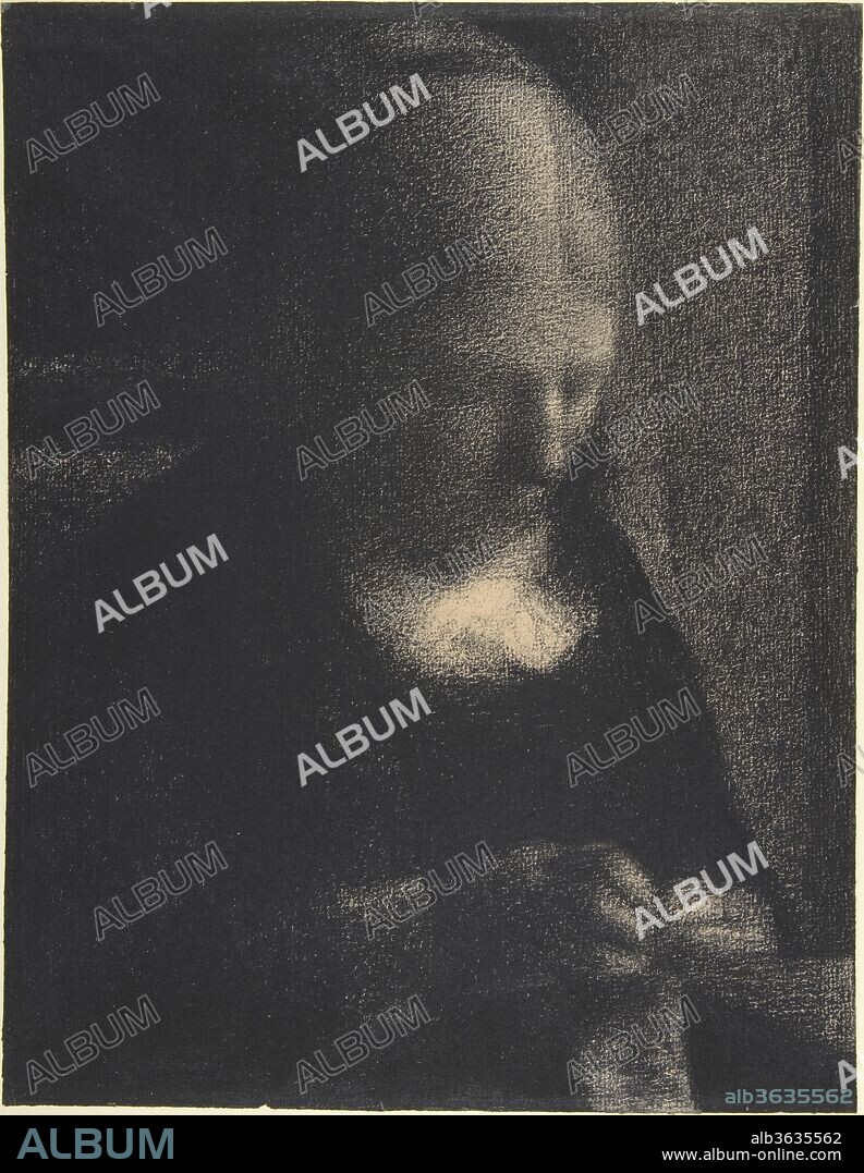 Embroidery; The Artist's Mother. Artist: Georges Seurat (French, Paris 1859-1891 Paris). Dimensions: 12 5/16 x 9 7/16 in. (31.2 x 24.1 cm). Date: 1882-83.
This tranquil portrait of the artist's mother, Ernestine Faivre, is a tour de force of modeling in Conté crayon, Seurat's favorite graphic medium. The work is drawn entirely without line in tonal passages of velvety black. Scarce atmospheric light, subtly evoked by lessening pressure on the crayon, illuminates the interior where the woman sews, creating a serene ambiance of quiet domesticity. The abstract beauty achieved in such works earned the praise of fellow artist Paul Signac, who called them "the most beautiful painter's drawings that ever existed.".