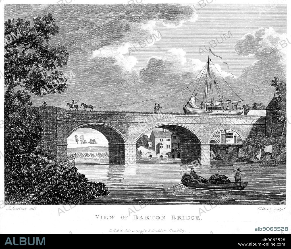 Bridgewater Canal, built to carry coals from the Duke of Bridgewater's mines at Worsley into the city of Manchester . Barge crossing the Barton aqueduct over the Irwell. Canal opened 17 July 1761 and was later extended to Liverpool. Engineer: James Brindley. From copperplate by Pollard published in 1794.
