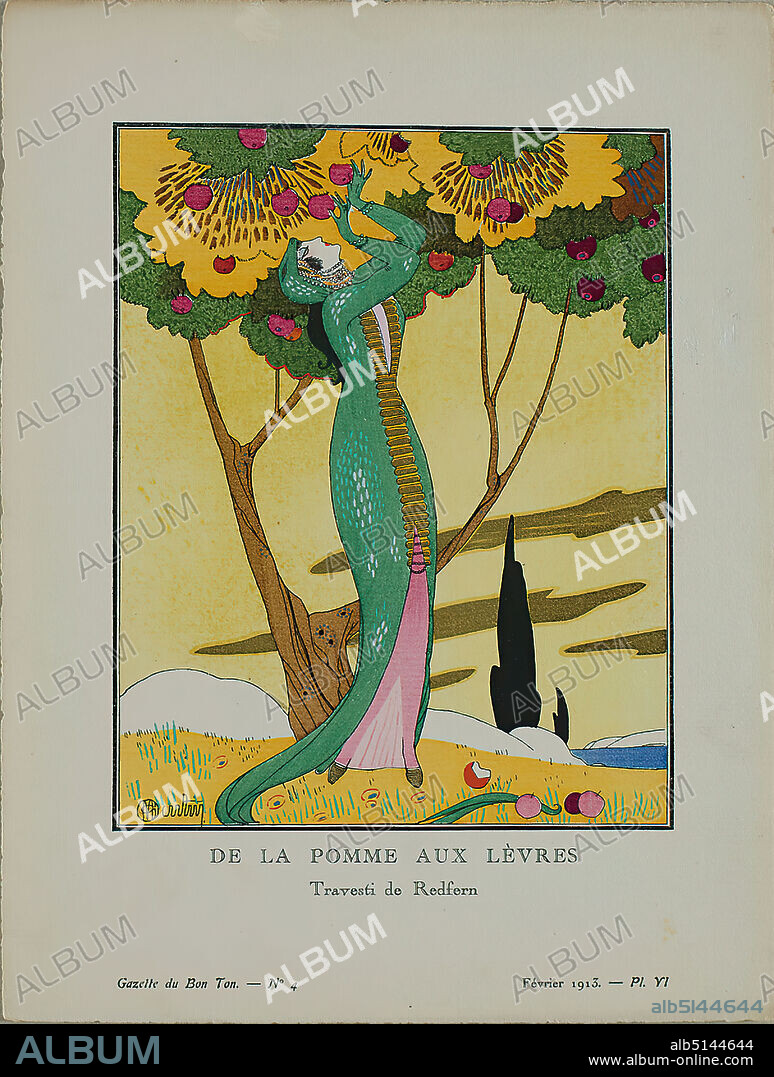 Charles Martin, De la Pomme aux Lèvres. Travesti de Redfern (Gazette du Bon Ton No.4 - Février 1913), paper, line high etching, stencil printing (pochoir), pochoir and line etching, Total: Height: 24,5 cm; Width: 19 cm, signed: recto u. li. in print, printmaking,printing, fashion, clothing, disguise, masking, Art Déco.