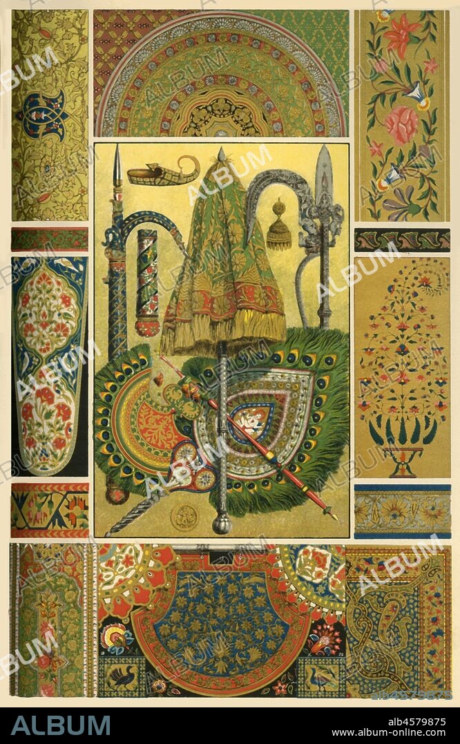 Indian metal work, embroidery, weaving and painting, (1898). 'Fig 1: Ancus (instrument used to drive and train elephants) in chiselled iron. Figs 2 and 3: Pendants and button embossed in gold and chiselled. Fig 4: Ancus, enamelled and adorned with jewels. Figs 5-9: Decorations from enamelled arms. Fig 10: State parasol with rich gold embroidery. Figs 11-13: Embroidered fans. Fig 14: Covering for the foot, woven in gold and embroidered in silk and pearls. Fig 15: Embroidered table-cover. Fig 16: Border from a saddle-cloth. Fig 17: Embroidery on black stuff. Fig 18: Border from an embroidered velvet-carpet. Figs 19-22: Flowers from silk embroidery. Fig 23: Woven shawl. Fig 24: Border from woven stuff. Figs 25 and 26: Patterns from silk- and gold-weavings. Fig 27: Lacquerpainting. Fig 28: Portion of a book-cover in lacquerpainting. Figs 29 and 30: From illuminated manuscripts'. Plate 17 from "The Historic Styles of Ornament" translated from the German of H. Dolmetsch. [B.T. Batford, London, 1898].