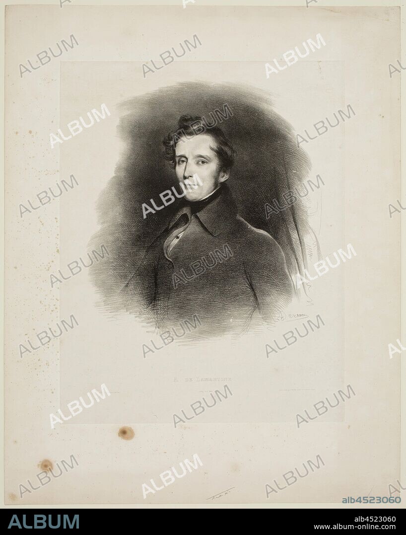 Achille Jacques Jean Mar Devéria, French, 1800-1857, Alphonse Marie Louis de Prat de Lamartine, 1830, lithograph printed in black ink on chine collé, Image: 11 1/4 × 9 7/8 inches (28.6 × 25.1 cm).