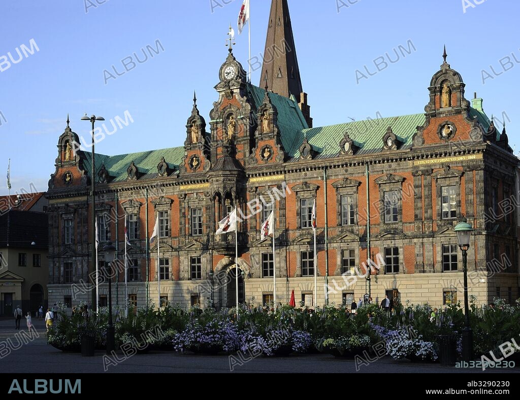 Sweden. Malmo. Stortorget square with the historical town hall, built 1544-1547 with its renewed facade in Dutch Renaissance style from 1860.