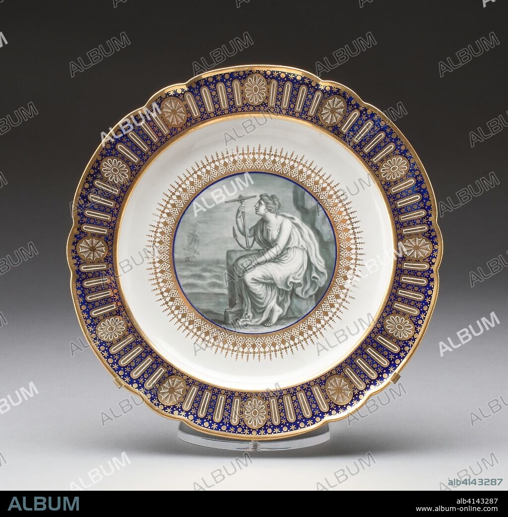 WORCESTER ROYAL PORCELAIN COMPANY. Plate from the Duke of Clarence Service. Worcester Porcelain Factory (Flight Period); Worcester, England, founded 1751. Date: 1787-1797. Dimensions: Diam. 24.8 cm (9 3/4 in.). Soft-paste porcelain with blue enamel, monochrome gray, and gilding. Origin: Worcester.