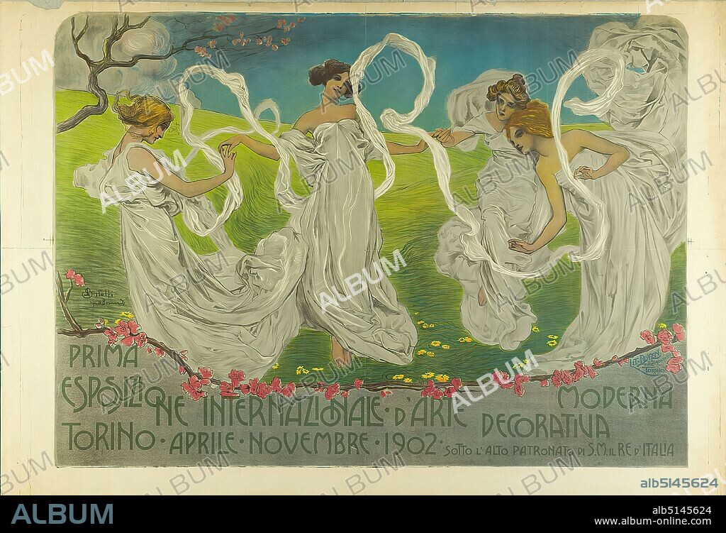 Leonardo Bistolfi, Lit. Doyen di L. Simonetti, Prima Esposizione internazionale d`Arte decorativa moderna Torino 1902, paper, lithography, total: height: 110 cm; width: 161,5 cm, signed and inscribed: u. li. in print: LBistolfi [ligated] rip. di Bernardi, exhibition posters, dancing, dancer, movement, graces (gratia), trees, bushes, art nouveau, symbolism.