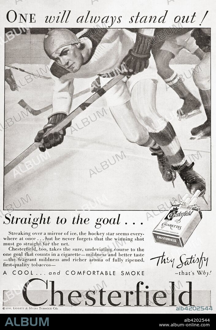 Advertisement for Chesterfield cigarettes using sport as a hook. From a 1930's American magazine.