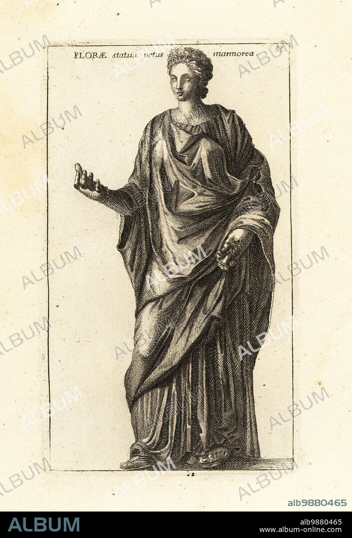 Statue of Flora, Roman goddess of flowers, vegetation and spring. Hadrianic era statue found at Hadrian's Villa, now in the Capitoline Museums. Florae statua vetus marmorea. Copperplate engraving by Giovanni Battista Cannetti from Copperplates of the most beautiful ancient statues of Rome, Calcografia di piu belle statue antiche a Roma, engraved by Cannetti all'Arco della Ciambella, published by Gaetano Quojani, Rome, 1779.