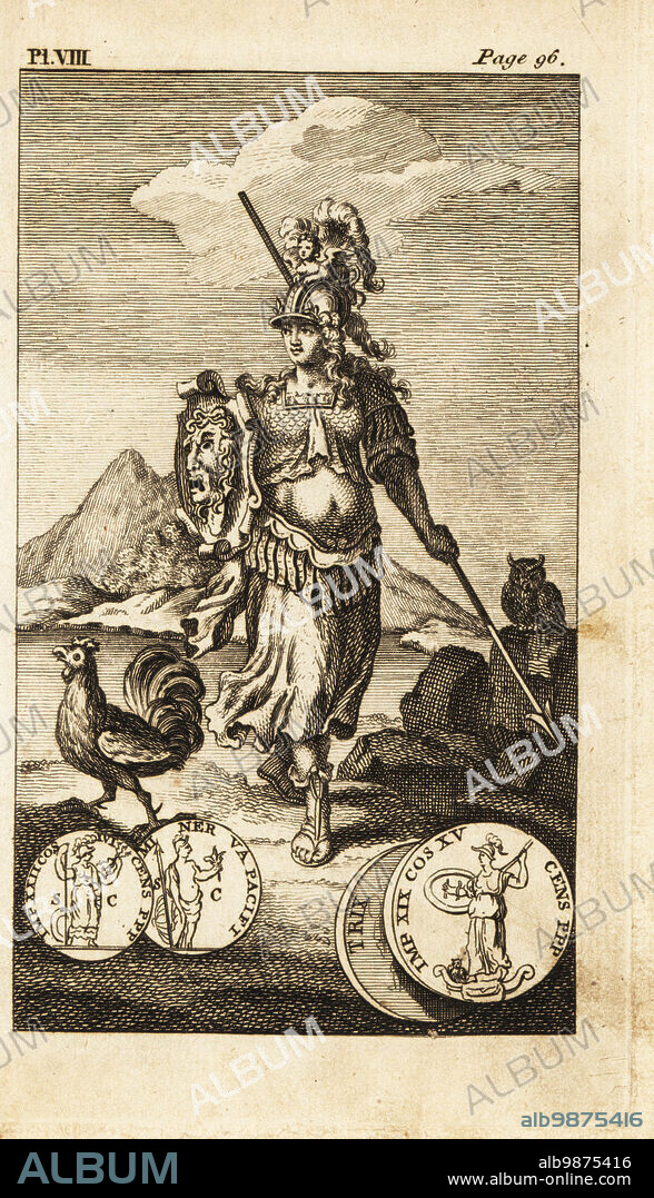 Minerva or Pallas, Roman goddess of wisdom and strategic warfare. She wears a helmet and armour, carries a shield and spear, and is accompanied by a cock and owl. Copperplate engraving from Andrew Tookes The Pantheon, Representing the Fabulous Histories of the Heathen Gods, London, 1757.