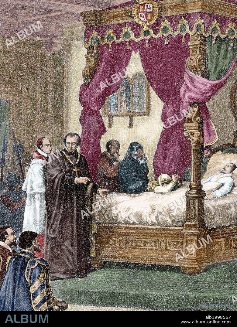 Charles II (1661-1700). King of Spain (1665-1700). Last sovereign of the Spanish branch of the house of Austria. Death of Spanish King Charles II. Colored engraving. 19th century.