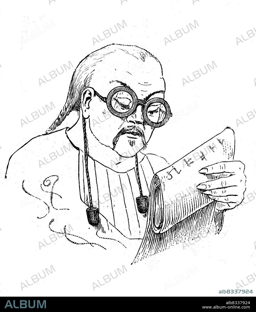 Chinese mit Brille aus dem Jahre 1836 / Chinese man with glasses from 1836, Historisch, historical, digital improved reproduction of an original from the 19th century / digital restaurierte Reproduktion einer Originalvorlage aus dem 19. Jahrhundert, genaues Originaldatum nicht bekannt.