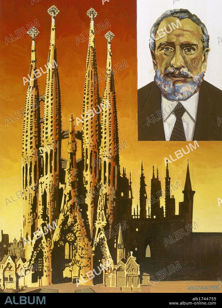 Antoni Gaudi Cornet (1852-1926). Spanish architect. Portrait with Basilica and Expiatory Church of the Holy Family. Drawing.