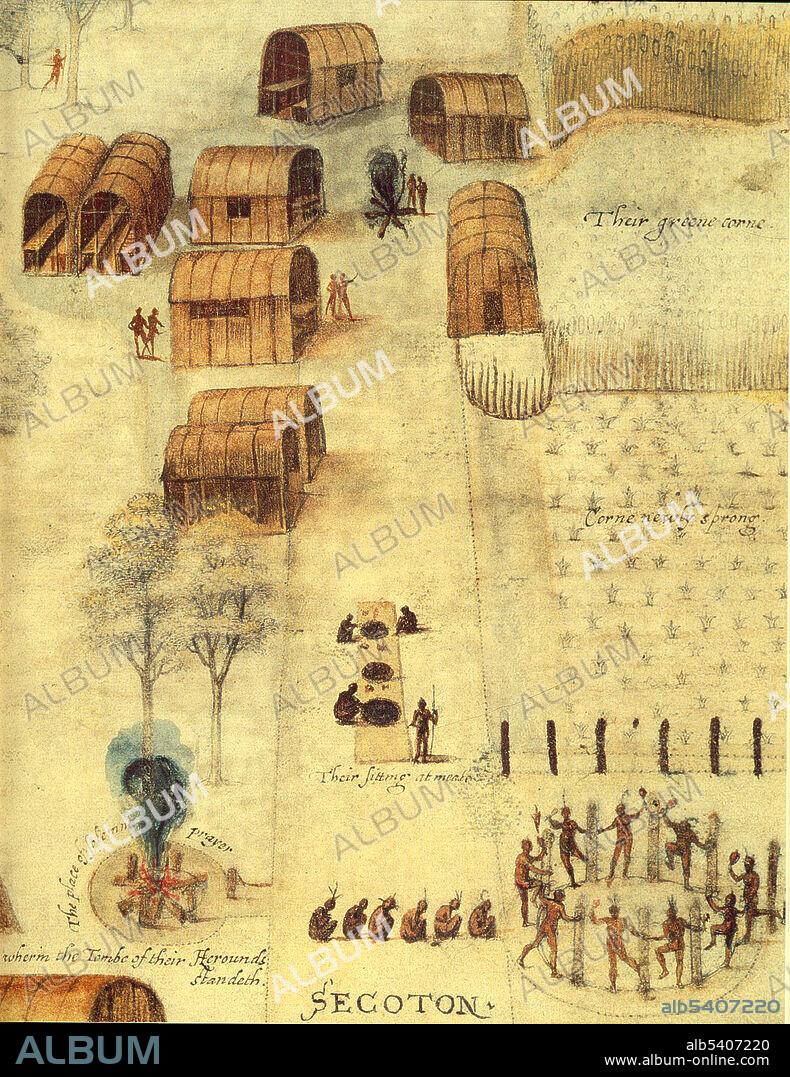 Watercolor by John White of an Algonquin village called Secotan on the Pamilco River estuary in what is now North Carolina, showing indigenous structures, agriculture, and spiritual life, 1585. John White (c. 1540 – c. 1593) was an English colonial governor, explorer, artist, and cartographer. White was among those who sailed with Richard Grenville in the first attempt to colonize Roanoke Island in 1585, acting as artist and mapmaker to the expedition. He would most famously briefly serve as the governor of the second attempt to found Roanoke Colony on the same island in 1587 and discover the colonists had mysteriously vanished.