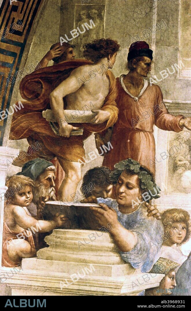 'The School of Athens', 1509. Depiction of figures representing each subject that must be mastered in order to hold a true philosophic debate - astronomy, geometry, arithmetic, and solid geometry.