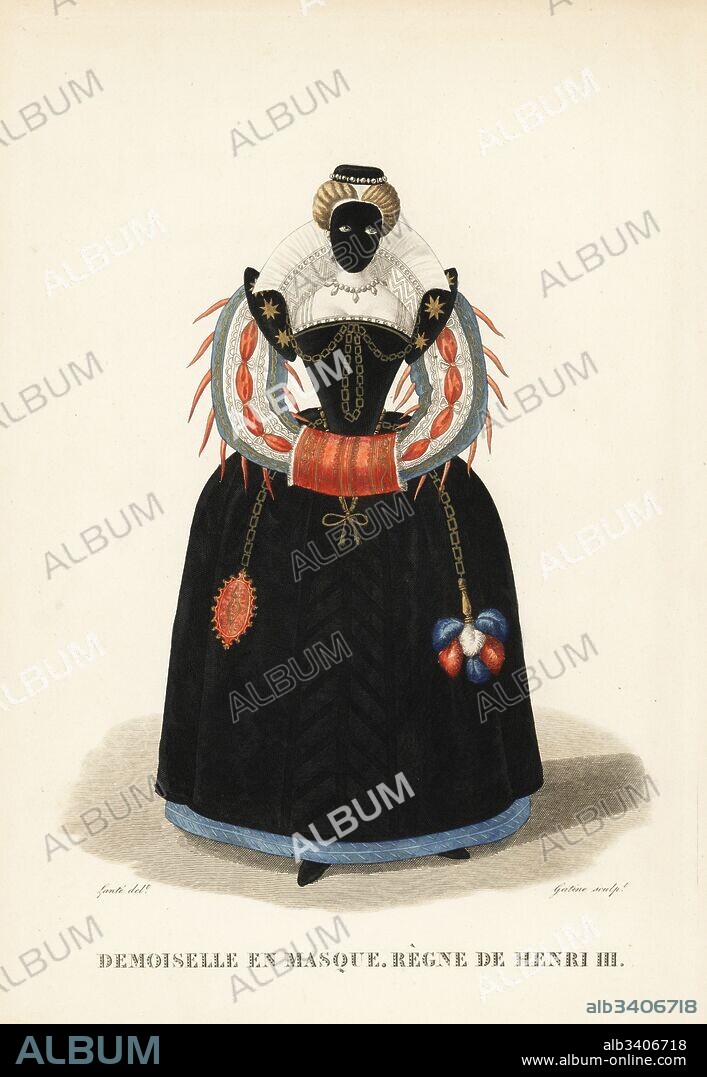 Lady in mask at a ball, reign of King Henry III of France, 1573-1575. She wears a hat decorated with pearls, a full-face black mask, black velvet brocade dress with corset and vertugadin or farthingale, high lace collar, shoulder pads and slashed sleeves. From her chain belt hang a purse and mirror with feathers. Her hands are hidden in an embroidered muff. Handcoloured copperplate engraving by Georges Jacques Gatine after an illustration by Louis Marie Lante from Galerie Francaise de Femmes Celebres, Paris, 1827.