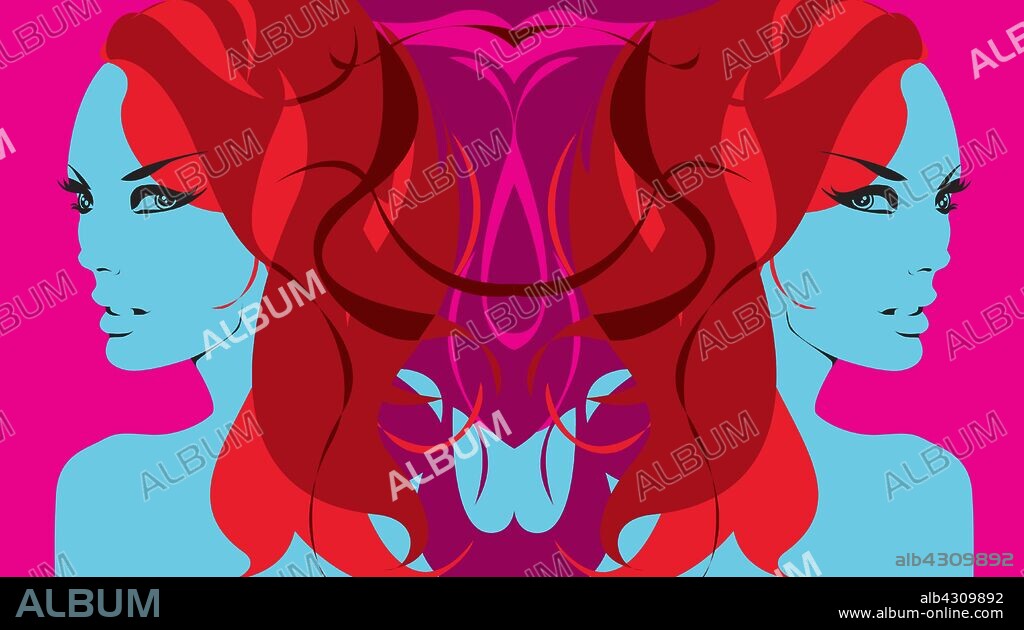 Symmetrical blue twin women with intertwined red hair.