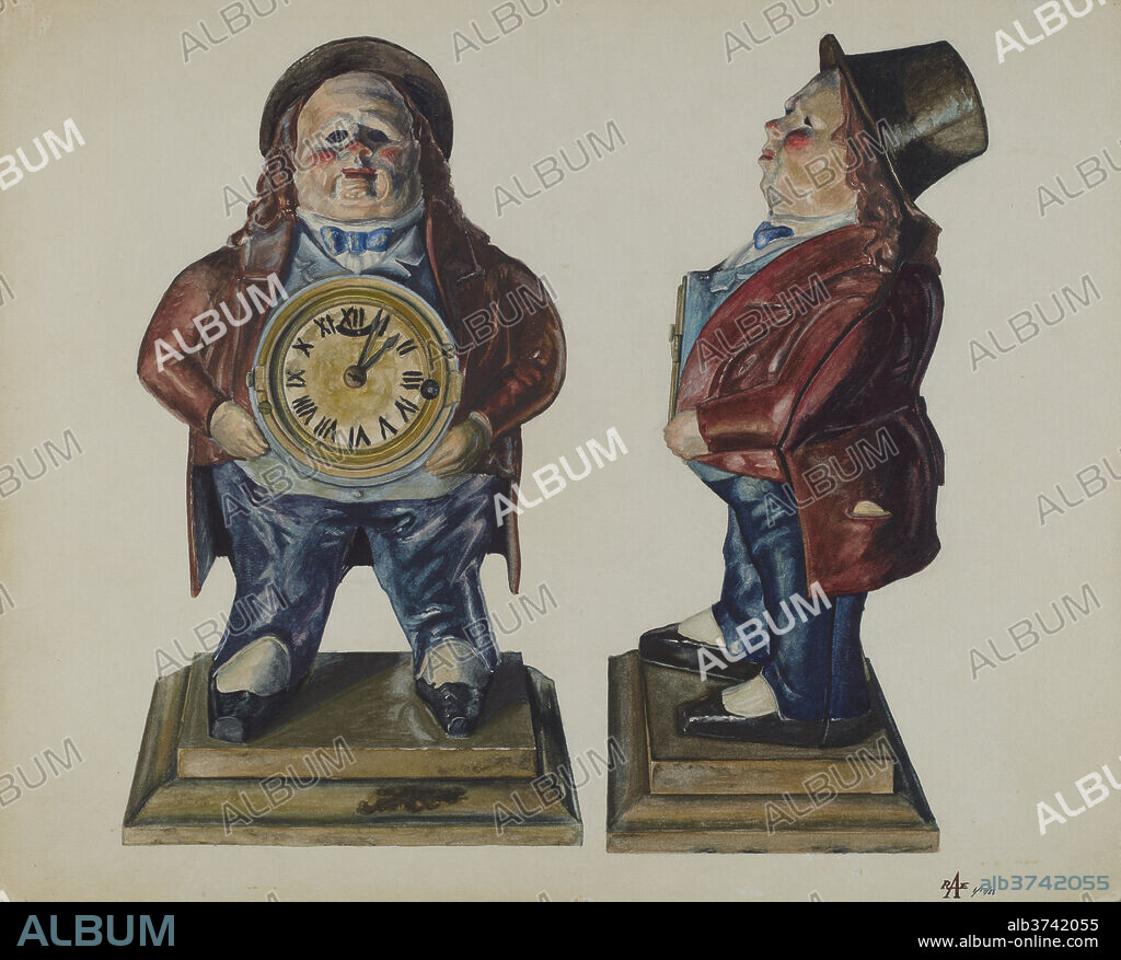 RALPH ATKINSON. Clock-Toby (front and side view). Dated: 1938. Dimensions: overall: 25 x 31.1 cm (9 13/16 x 12 1/4 in.)  Original IAD Object: 16" x 8 1/4" x 5 1/2" deep. Base 5" x 8 1/2". Medium: watercolor, colored pencil, and graphite on paperboard.
