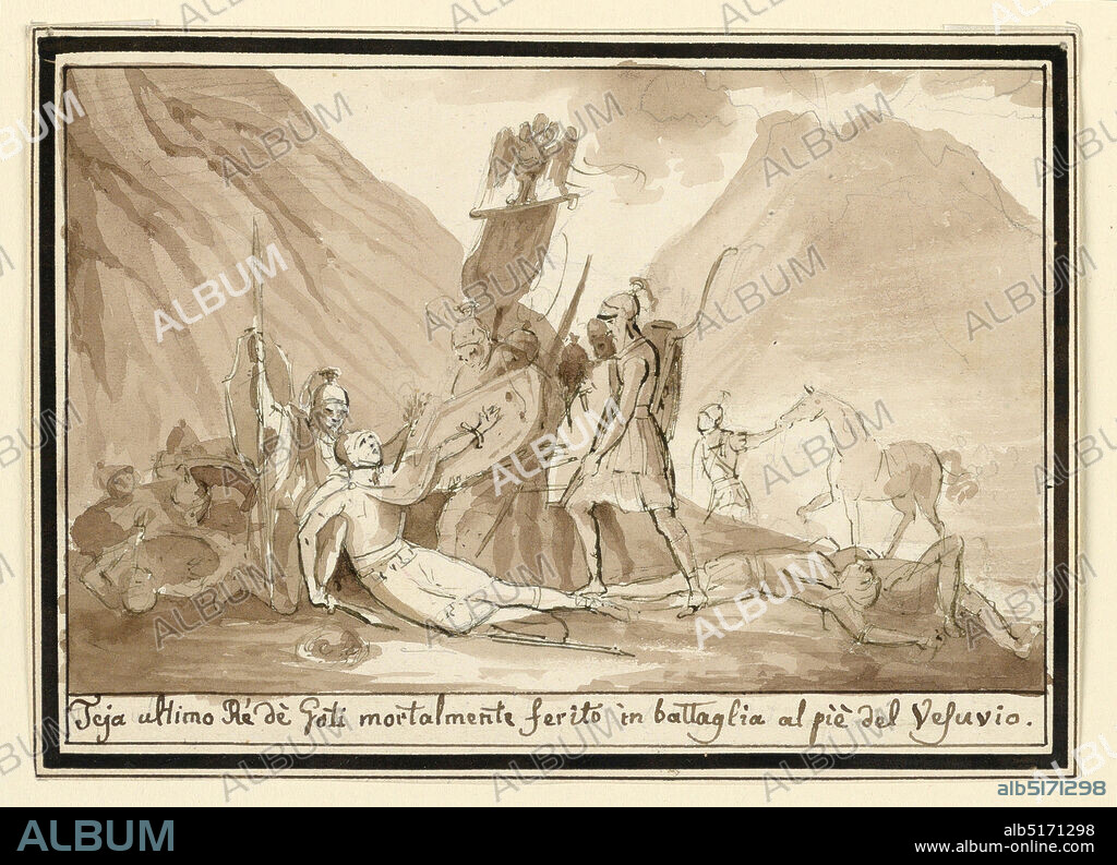 The death of King Teja, Pietro Narducci, Italian, active 1809 - 1841, Pencil, pen, ink, brush, brown watercolor on paper, Horizontal rectangle. The king lying upon the ground, supported by a soldier, raises his left artm with the shield. Corpses and soldiers are around him, one carrying a legionary eagle. Mountains, at right Vesuvius as a background. Frame, caption as -2358: 'Teja ultimo Rè dè Goti mortalmente ferito in battaglia al piè de Vesuvio.', Italy, ca. 182550, figures, Drawing, Drawing.