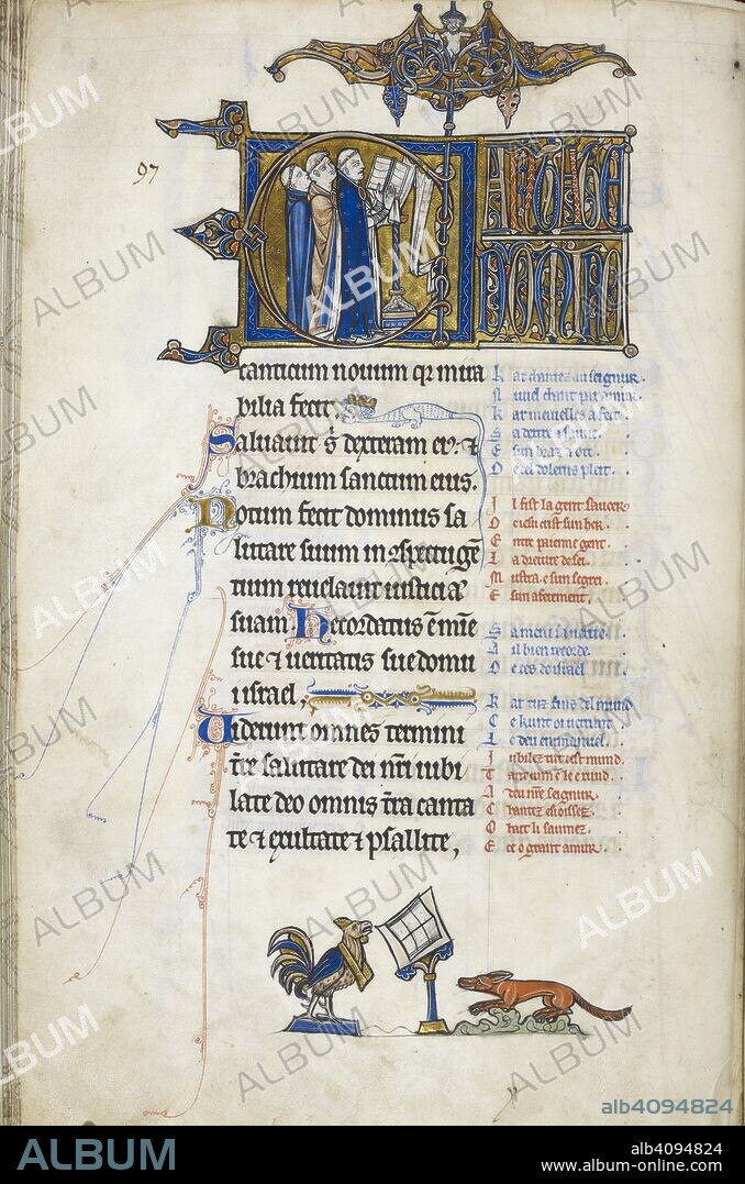 Psalm 97; initial 'C', three clerks at a lectern, singing. At foot of folio, a cockerel preaching to a fox. Oscott Psalter. England; circa 1265-1270. Source: Add. 50000, f.146v. Language: Latin.