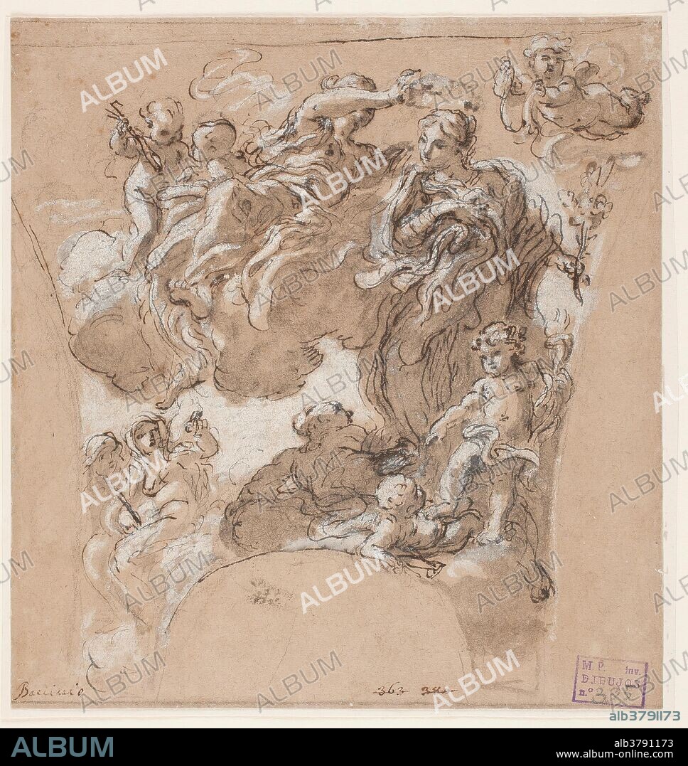 GIOVANNI BATTISTA GAULLI. Baciccia / 'Alegoría de la Templanza'. 1669 - 1671. Aguada parda, Albayalde, Pluma, Trazos de lápiz sobre papel marrón, 231 x 218 mm.