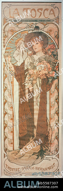 ALPHONSE MUCHA. Sardou, Victorien; dramatist; 1831-1908. Work: La Tosca (1887). - "La Tosca / Théâtre Sarah Bernhardt". (Sarah Bernhardt in the title role of Tosca). Poster, 1899, by Alfons Mucha (1860-1939). Col. lithograph, 103 × 36cm. Print: F.Champenois. Hamburg, Museum für Kunst und Gewerbe.