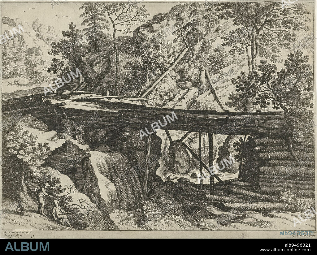 A wooden aqueduct over a stream in a mountain landscape. To the left of the aqueduct a waterfall, bottom left two men and a dog. Print from a series of Italian landscapes, Mountain landscape with wooden aqueduct Italian landscapes (series title)., print maker: Willem van Nieulandt (II), (mentioned on object), Paul Bril, (mentioned on object), publisher: Antoine Bonenfant, (mentioned on object), Antwerp, 1594 - 1635, paper, etching, engraving, h 235 mm × w 311 mm.