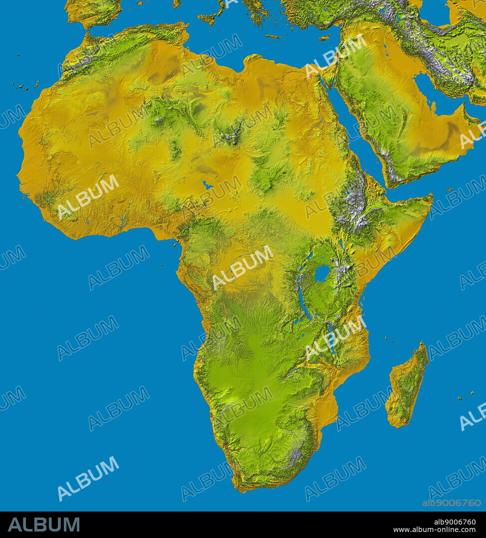 relief image of Africa by the Shuttle Radar Topography Mission (SRTM). This release in 2000, includes data for all of the continent, plus the island of Madagascar and the Arabian Peninsula. The central latitudes of Africa is dominated by the Great Rift Valley, extending from Lake Nyasa to the Red Sea. To the west lies the Congo Basin. Most of the southern part of the continent rests on a concave plateau comprising the Kalahari basin. color-coding is directly related to topographic height, with brown and yellow at the lower elevations, rising through green, to white at the highest elevations. Blue areas on the map represent water within the mapped tiles, each of which includes shorelines or islands.