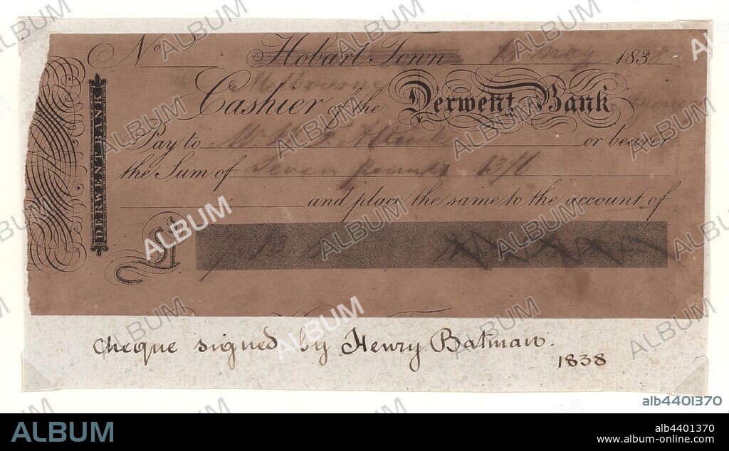 Cheque - Henry Batman, Derwent Bank, Melbourne Branch, Victoria, Australia, 18 May 1838, Cheque for seven pounds 13 shillings 6 pence issued to W.F.A. Rucker or bearer and the same to Henry Batman, 18 May 1838. Signed by Henry Batman.