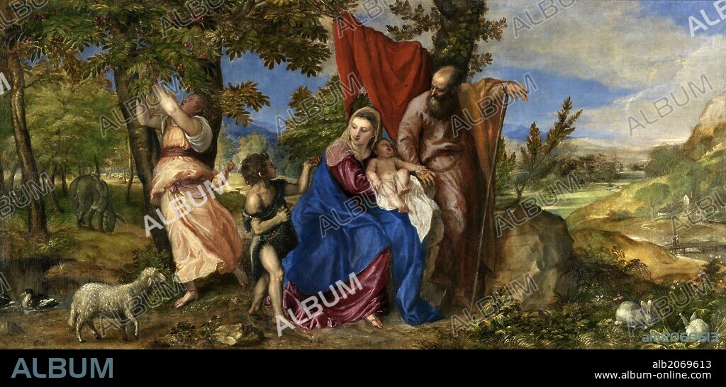 TIZIANO (taller). Anónimo (Taller de Tiziano, Vecellio di Gregorio) / 'Descanso en la Huida a Egipto', Siglo XVI, Escuela Italiana, Óleo sobre Lienzo, 155 cm x 323 cm, P00435.