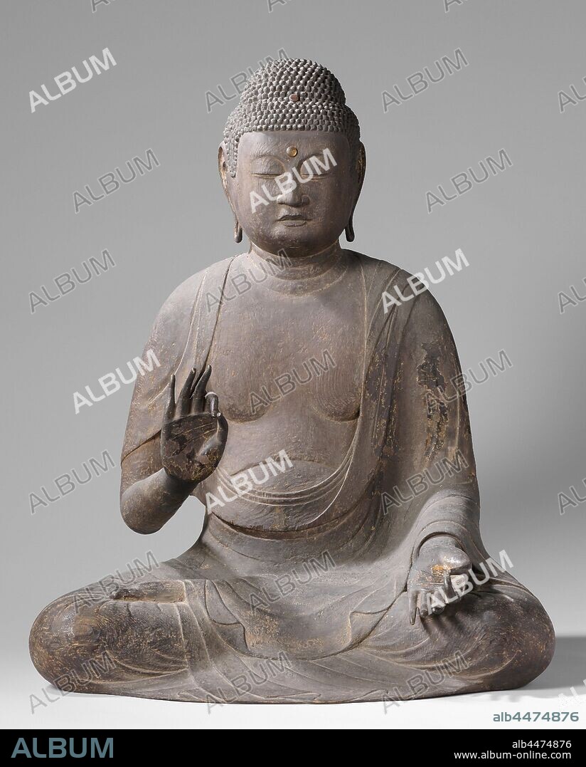 The Buddha Amida, Amida Nyorai (Buddha Amitabha), sitting in lotus position, representations, god, demi god, heroes, etc. (Hinduism, Buddhism, Jainism), Buddha posture, 'lotus posture, anonymous, Japan, c. 1125 - c. 1175, wood (plant material), h 87.0 cm × w 71.0 cm × d 56.5 cm.