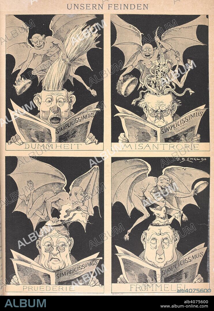 JOSEF B. ENGL. 'Our enemies'. People reading, ideas being fed into their heads by demons. Simplicissimus. Munich, 1896 - 1898. Source: Simplicissimus 09/05/1896 page 5 issue 6.
