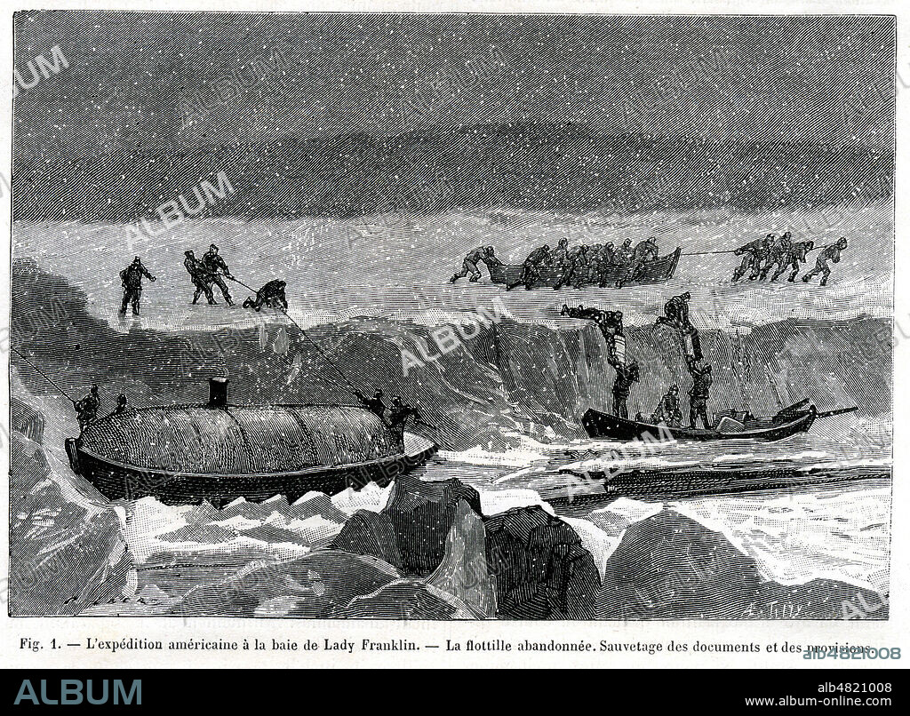 'L'expedition americaine a la baie de Lady Franklin - La flotille abandonnee. Sauvetage des documents et des provisions'. Expedition polaire americaine menee par Adolphus Greely entre 1881 et 1884. Illustration par Gilbert tiree de la revue La Nature du 22 juin 1889. Credit : Collection KHARBINE-TAPABOR.