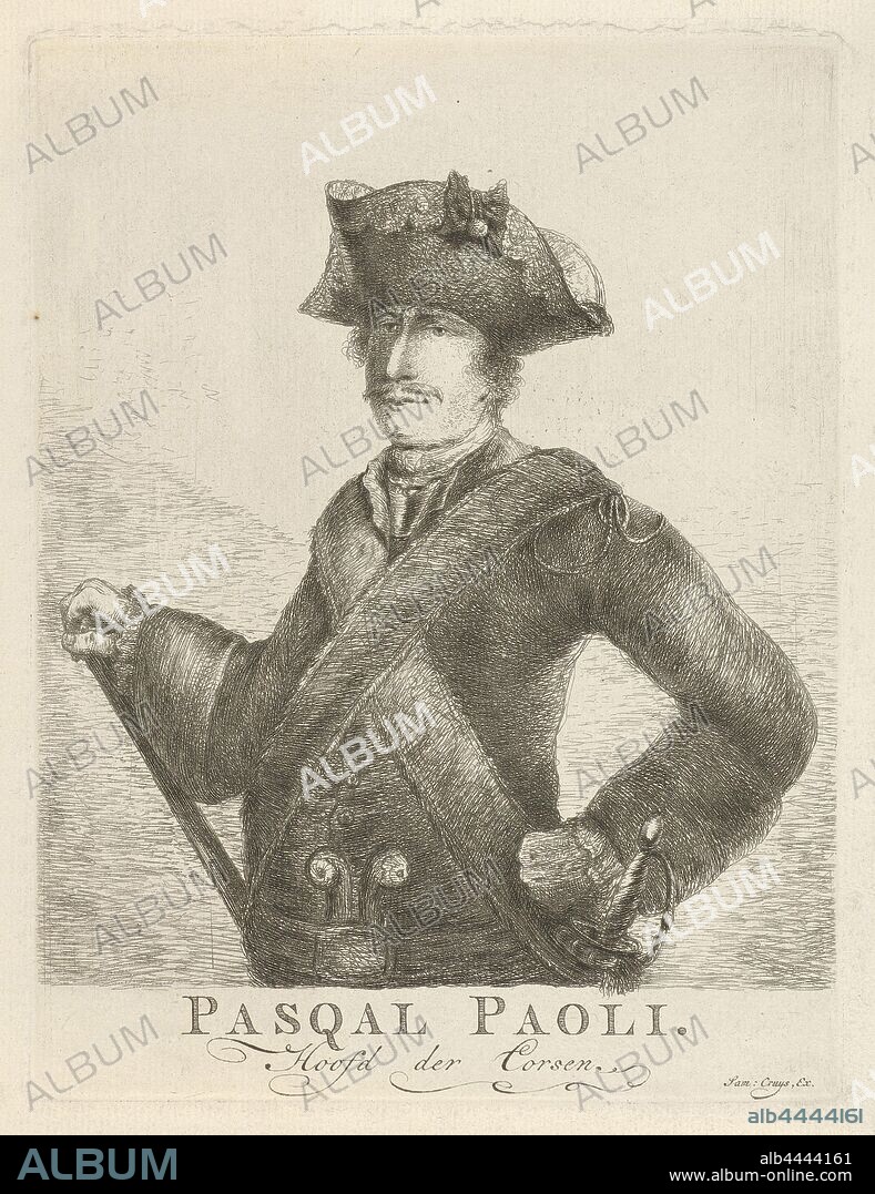 Portrait of General Pascal Paoli Pasqual Paoli Head of the Corsen (title on object), Portrait of Pascal Paoli, General and leader of the Corsicans. He wears a uniform with a matching pointed hat and has a staff, historical persons, Pasquale Paoli in his right hand, Hendrik Kobell, Rotterdam, 1768, paper, etching, h 207 mm × w 156 mm.