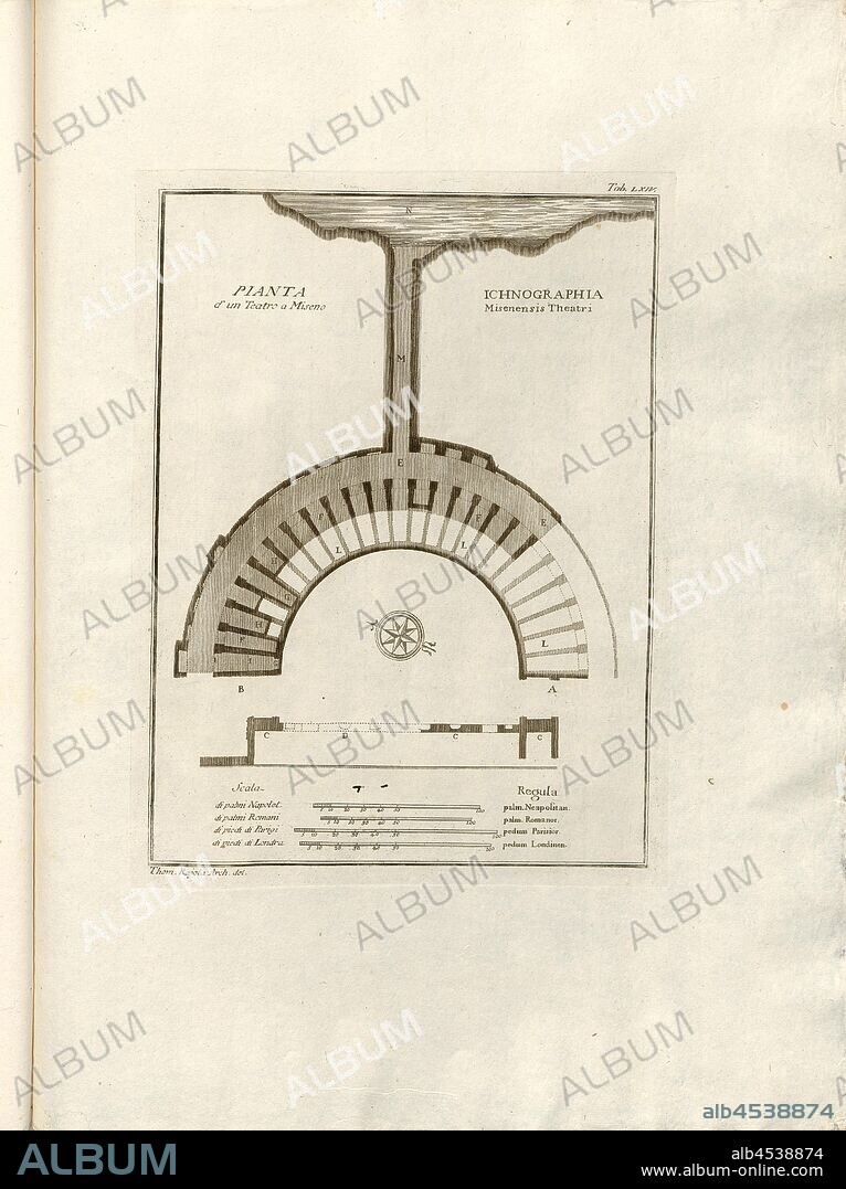 Plan of a Theater in Miseno, Floor plan of the Teatro Romano di Miseno in Bacoli, signed: Thom., Rajola Arch. Del, tab. LXIV, Rajola, Tommaso (del.), 1768, Paolo Antonius Paoli: Avanzi delle antichita esistenti a Pozzuoli Cuma e Baja. [Neapel]: [s.n.], Anno A.C.N.MDCCLXVIII. [1768].
