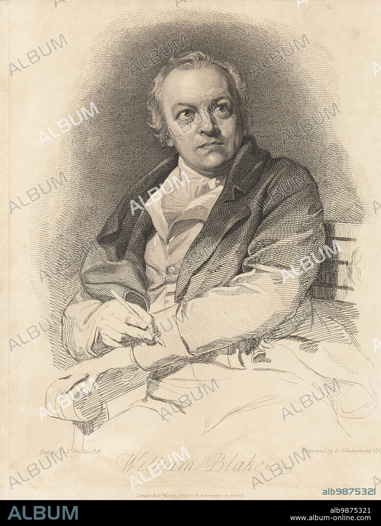 Portrait of William Blake, English poet, painter, and printmaker, 1757-1827. Blake seated on a bench in coat, waistcoat, cravat, holding a graver. Copperplate engraving by Luigi Schiavonetti after a painting by Thomas Phillips RA from Robert Blair's The Grave, T. Bensley for Rudolph Ackermann, 101 Strand, London, 1813.