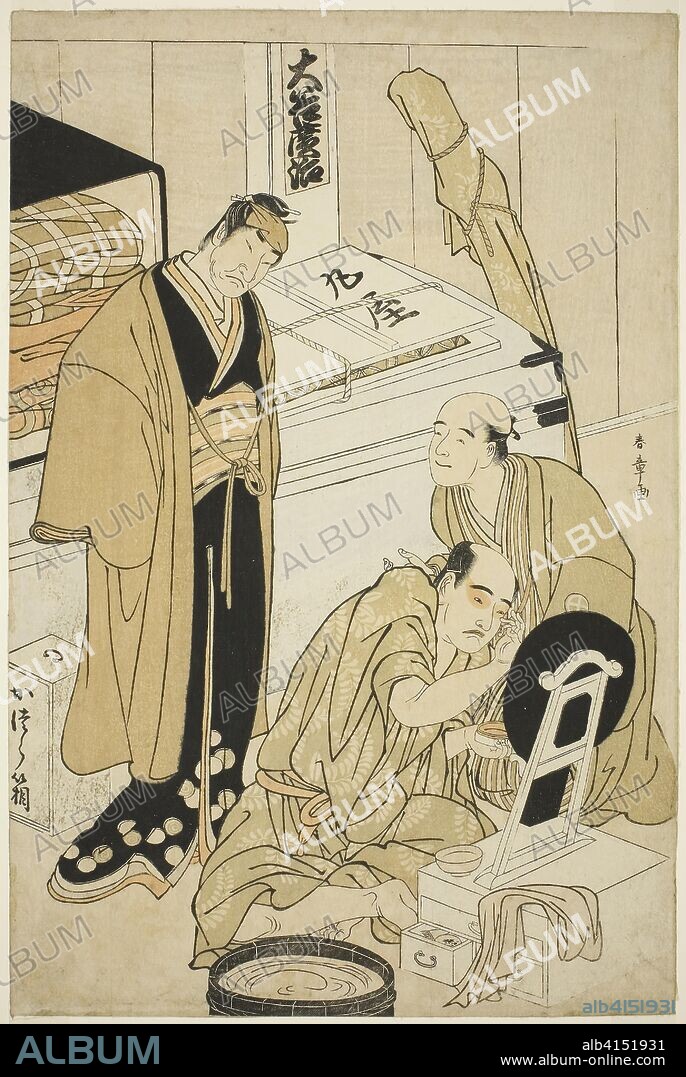 The Actor Otani Hiroji III in His Dressing Room Assisted by Otani Tokuji I (?) and Oberved by Nakamura Nakazo I (?). Katsukawa Shunsho ?? ??; Japanese, 1726-1792. Date: 1778-1788. Dimensions: 38.9 x 25.8 cm (15 3/8 x 10 1/8 in.). Color woodblock print; oban. Origin: Japan.
