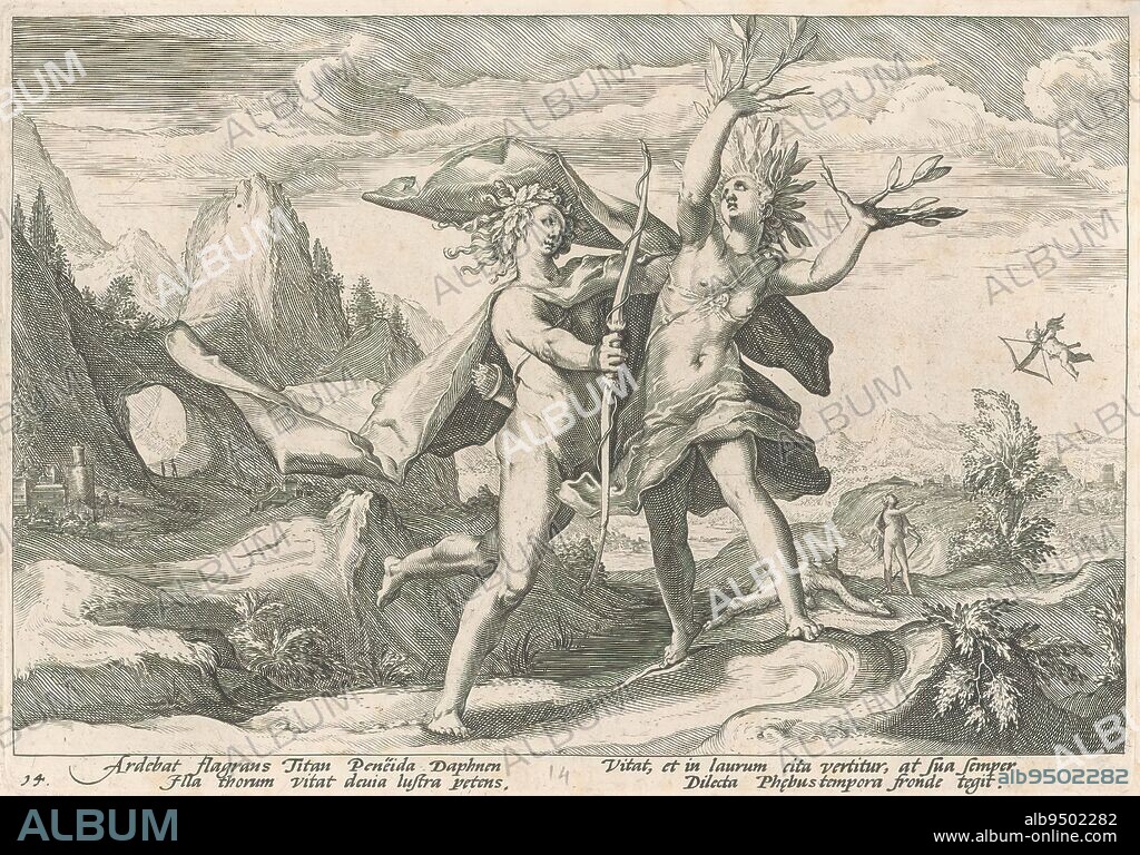 Apollo and Daphne, Metamorphoses by Ovid (series title), When the nymph Daphne was pursued by Apollo, who had fallen in love with her, she begged her father Peneus for help. Peneus made sure that his daughter escaped her attacker by transforming her into a laurel tree. We see the moment when Daphne's arms turn into leafy branches, while Apollo wants to grab her. In the background, Amor, near the dead body of Python, strikes Apollo with one of his arrows. In the lower margin a four-line explanation, in two columns, in Latin., print maker: Hendrick Goltzius, (workshop of), after design by: Hendrick Goltzius, Franco Estius, Haarlem, 1589, paper, engraving, height 178 mm × width 256 mm.