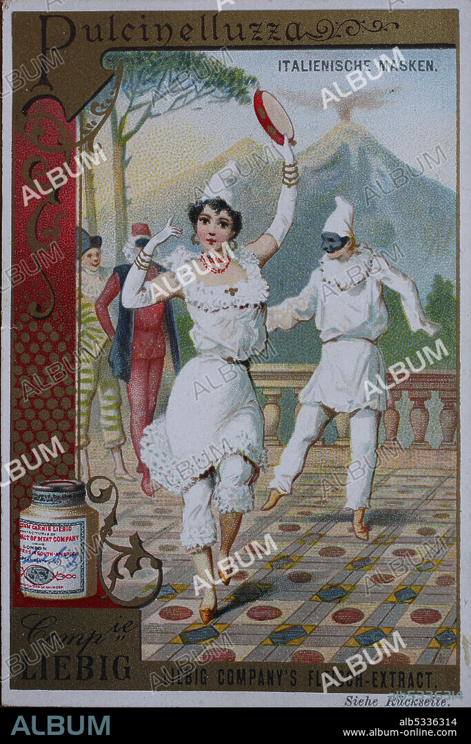 Picture series Italian Masks, Pulcinelluzza  /  Bildserie Italienische Masken, Pulcinelluzza, Liebigbild, digital improved reproduction of a collectible image from the Liebig company, estimated from 1900, pd  /  digital verbesserte Reproduktion eines Sammelbildes von ca 1900, gemeinfrei,.