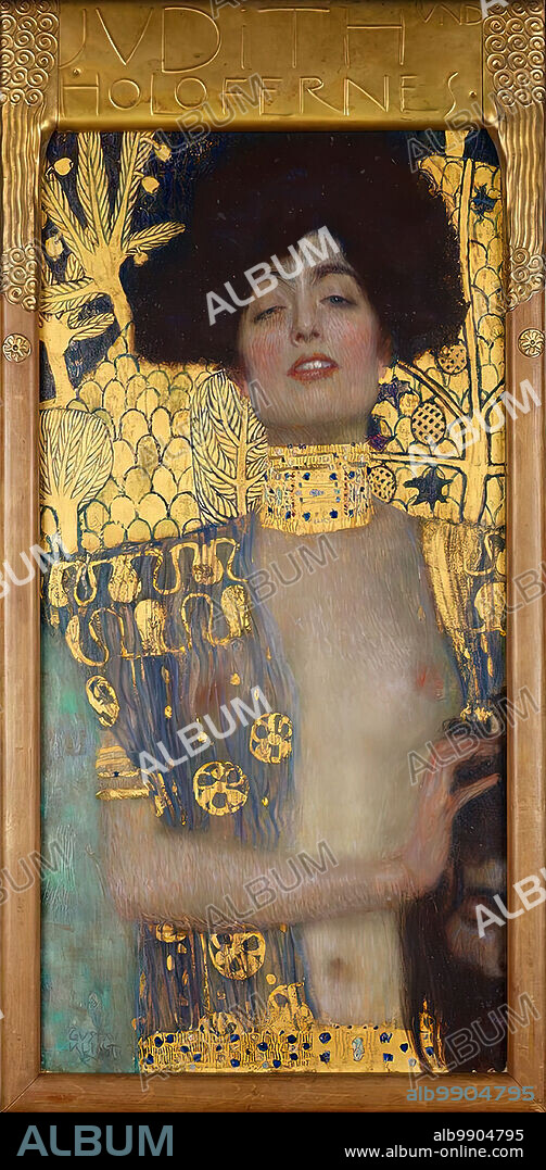 GUSTAV KLIMT. Judith, 1901. Klimt interprets the biblical Judith as an active female figure. Her gaze is lascivious. Eyes half closed, mouth slightly open. Almost tenderly she places her hand on Holofernes' severed head, as if to push it out of the picture.
