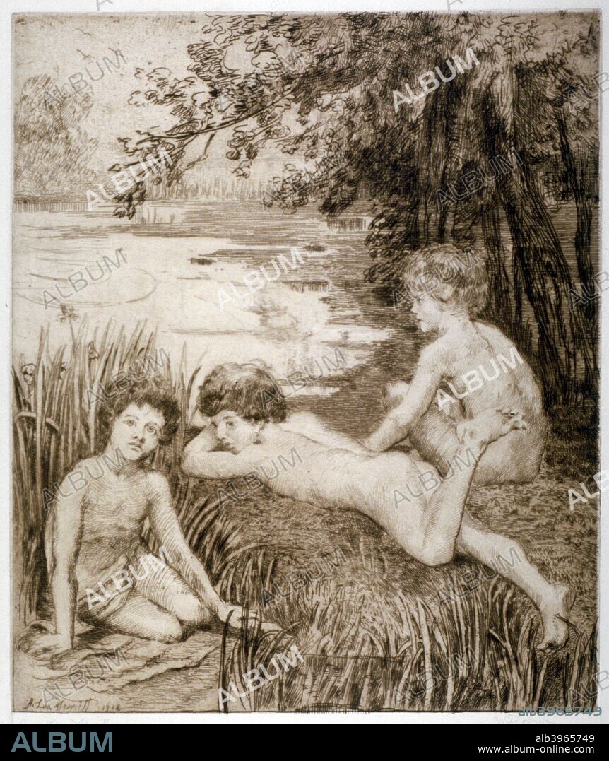 'Wild Duck', 1913. Two nude boys sit in the reeds by the edge of a riverbank while a third lies on his stomach with one leg bent.