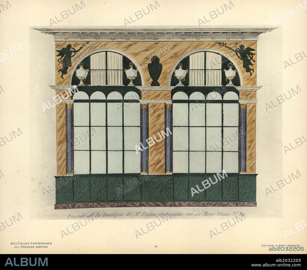 Shopfront of Monsieur Dufau's pharmacy, 34 rue du Mont-blanc, Paris, circa 1800. Handcoloured lithograph from Hector-Martin Lefuel's "Boutiques Parisiennes du Premier Empire," (Parisian Stores of the First Empire), Paris, Albert Morance, 1925. The lithographs were reproduced from watercolors by the French architect Hector-Martin Lefuel (1810-1880), famous for his work on the completion of the Louvre and Fontainebleau.