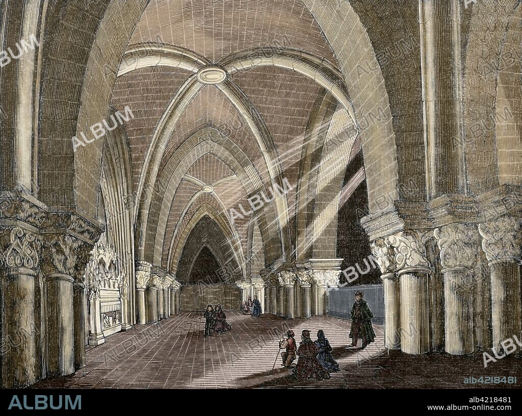 Spain, Catalonia, Lleida. The Cathedral of Lleida. 1203-1278. Inside of the temple. Engraving, 1866. Later colouration. Cronica General de Espa–a, Historia Ilustrada y Descriptiva de sus Provincias. Catalonia. 1866.