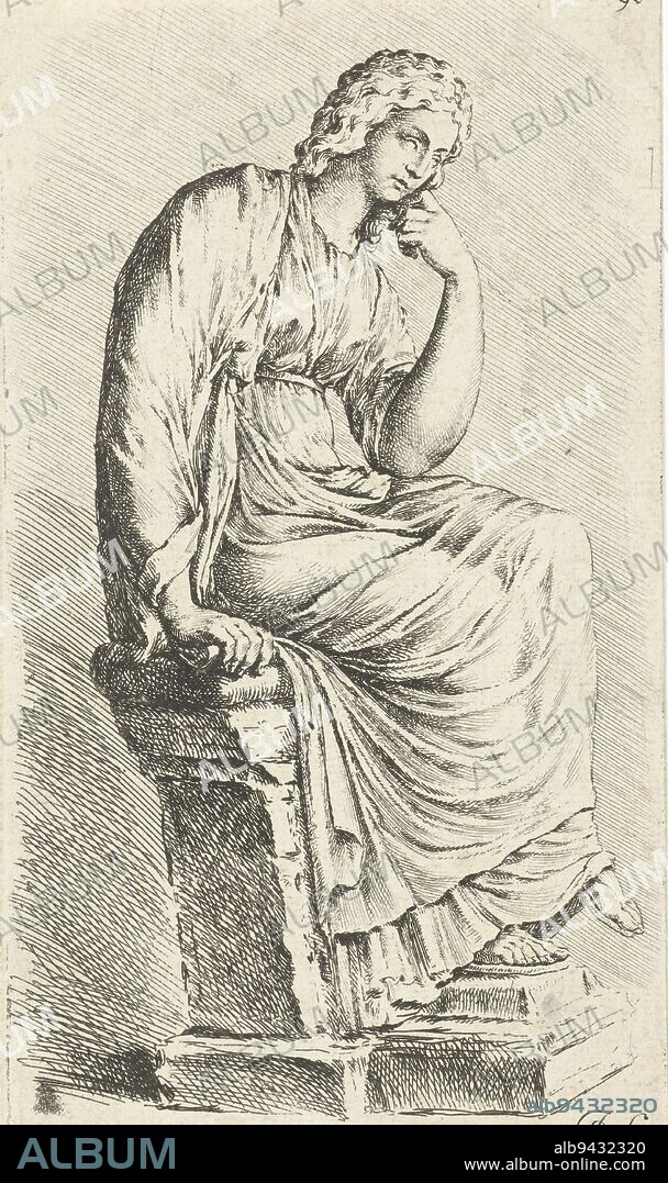 Seated Muse, Clio (?), Jan de Bisschop, after anonymous, after Jacob de Gheyn (III), c. 1664 - in or after 1669, print maker: Jan de Bisschop, (mentioned on object), anonymous, intermediary draughtsman: Jacob de Gheyn (III), (mentioned on object), Northern Netherlands, c. 1664 - in or after 1669, paper, etching, h 188 mm × w 108 mm.
