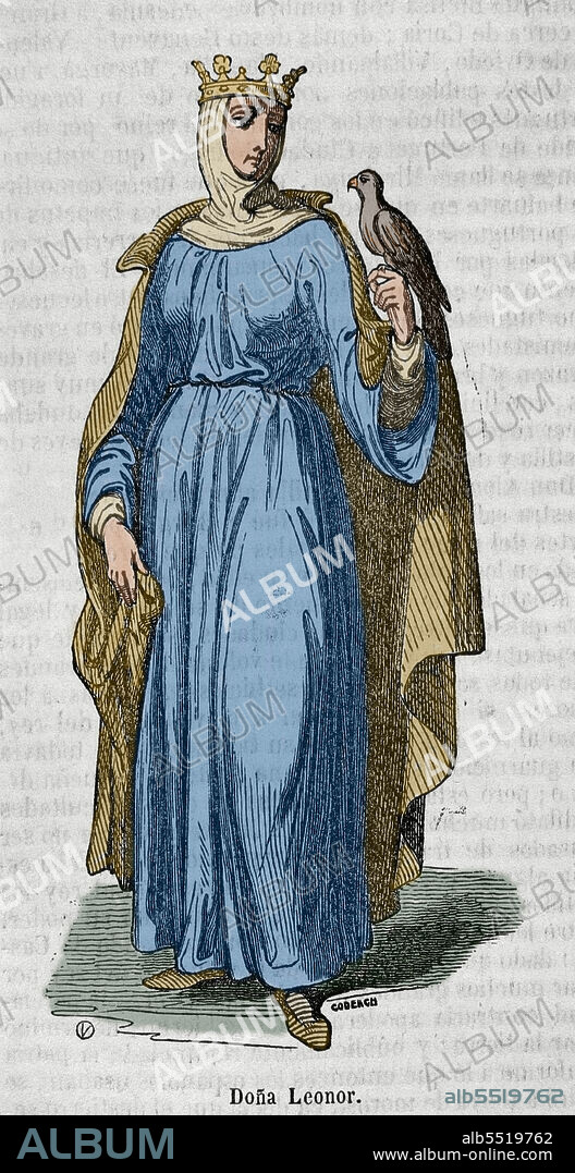 CODERCH. 19 TH CENTURY SPANISH ARTIST.. Eleanor of England (1160-1214). Daughter of King Henry II of England. Queen consort and regent of Castile. Wife of Alfonso VIII of Castile. Engraving by Coderch. Later colouration. Historia General de España by Father Mariana. Madrid, 1852.