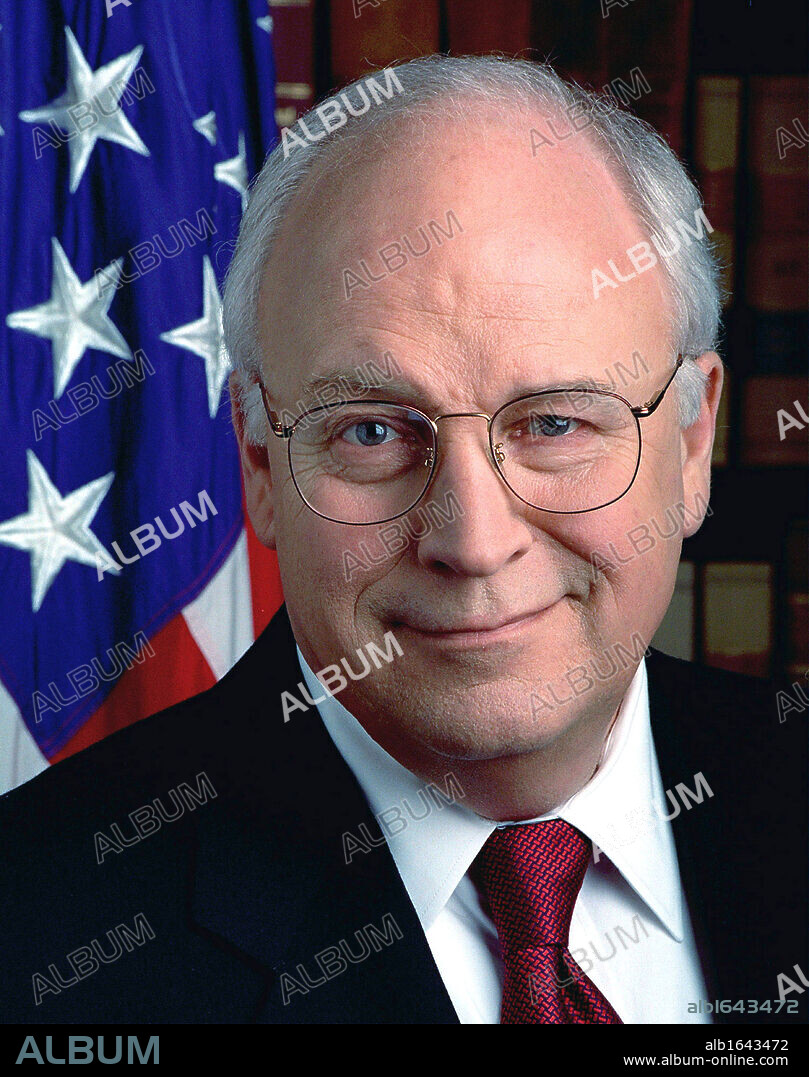 Richard Bruce 'Dick' Cheney (born 1941) served as the 46th Vice-President of the United States 2001-2009 under George W Bush. Head-and-shoulders portrait with stars-and-stripes in background. American Politician Republican.