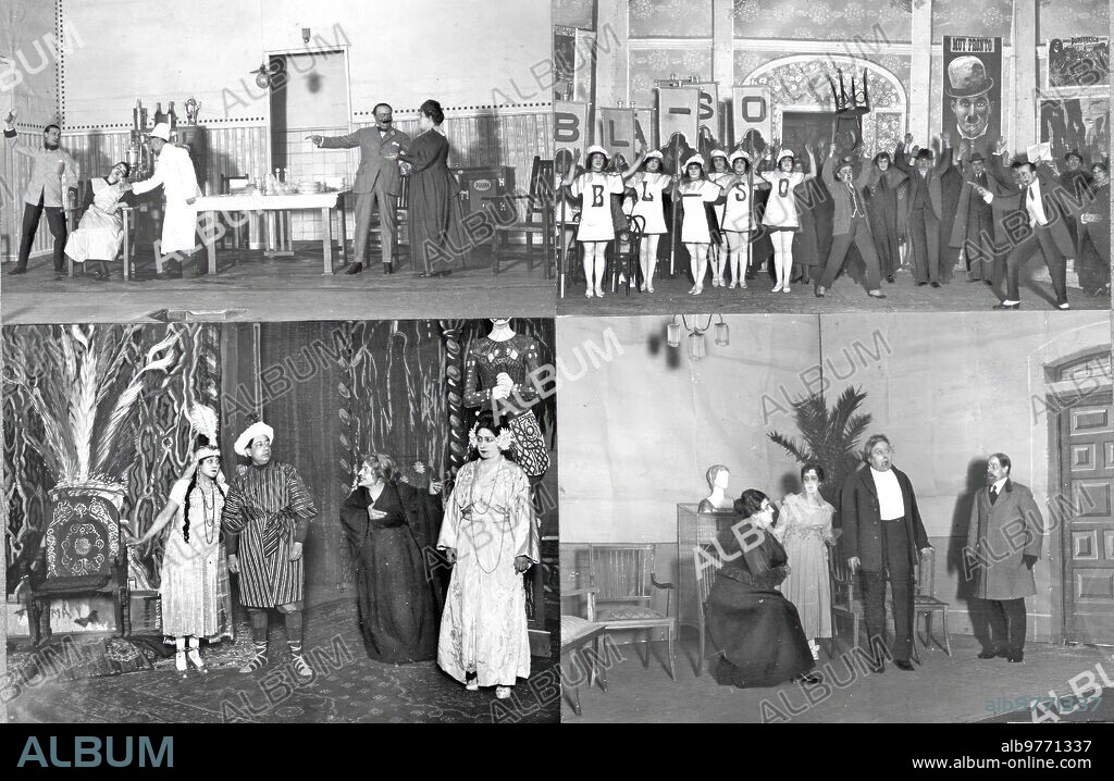 22 diciembre 1917. Los Estrenos de anoche en Madrid. 1.-teatro Eslava: una escena del juguete cómico de Abati, "Jesús María y José"; 2.-Apolo: una escena de la Zarzuela, de  Muñoz Seca, Pérez Fernández y maestro Calleja, "Albi-Melen". 3.-Price: una escena  de la comedia de Magia "la leyenda del Rajha". 4.-Cervantes: una escena del Drama "el otro Yo".