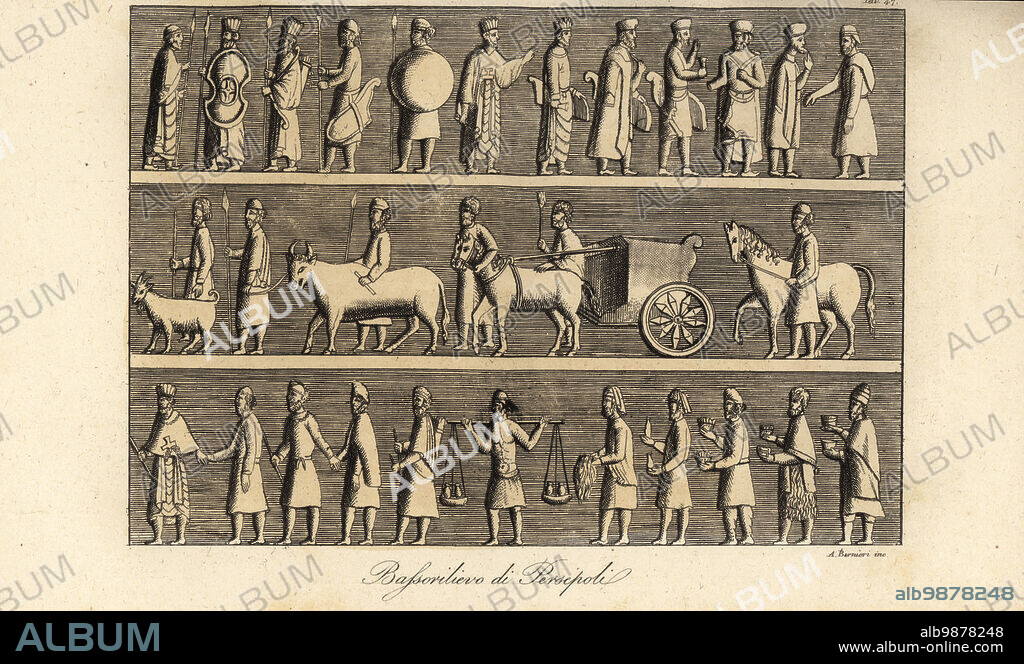 Persian soldiers with weapons, cattle, wagons, etc. They carry spears, shields and quivers, and lead goats, bulls and horses. From a stone bas-relief in Persepolis, the ceremonial capital of the Achaemenid Empire, Iran. Bassorilievo di Persepoli. Handcoloured copperplate engraving by Andrea Bernieri from Giulio Ferrarios Costumes Ancient and Modern of the Peoples of the World, Il Costume Antico e Moderno, Florence, 1847.