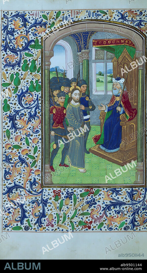 Book of Hours, Christ before Pilate, Illuminated in the style of Willem Vrelant, this Book of Hours was completed for Use in Rome ca. 1470. The manuscript contains a calendar in French intended for the diocese of Bayeux that was added in the late fifteenth century, with border miniatures painted in Rouen. Prayers to St. Gregory as well as the large number of female saints included in the litany indicate that the original owner was female. The Hours of the Virgin are illuminated with images of Christ's Passion.