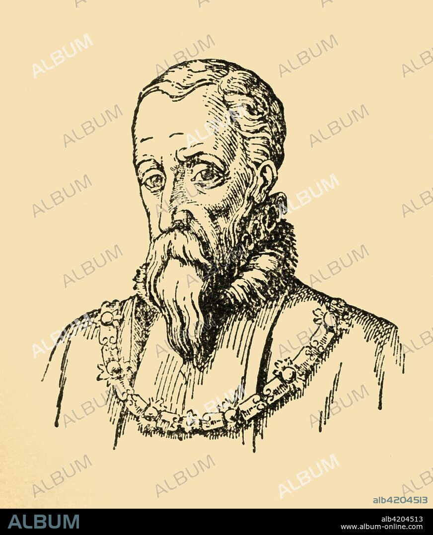 'Ferdinand Alvarez De Toledo Herzog Von Alba', (1933). Portrait of Fernando Alvarez de Toledo, Duke of Alba (1507-1582), Spanish general and governor of the Spanish Netherlands. As governor of the Netherlands from 1567-1573, he enforced brutal anti-Protestant rule, executing some 18,000 people as heretics. From "Gestalten Der Weltgeschichte", a book of cigarette-card portrait miniatures of figures in world history from the last four hundred years. [Germany, 1933].