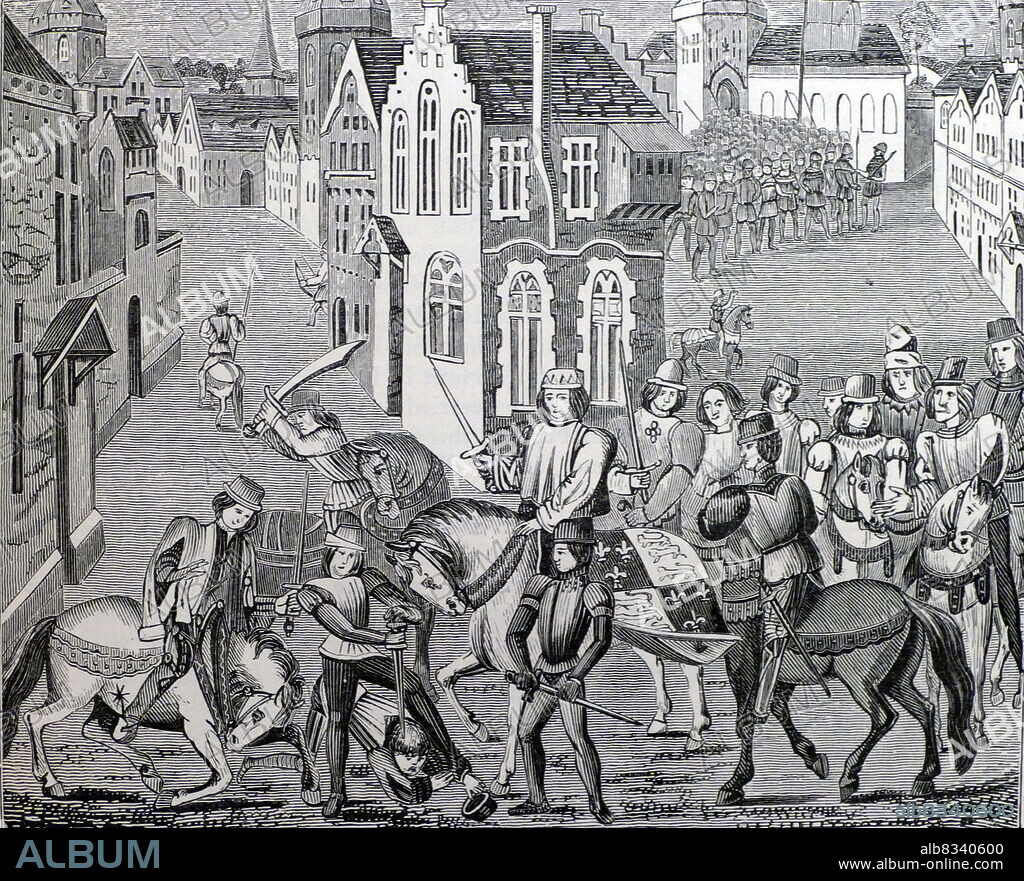 Wat Tyler, leader of the Peasants' Revolt, murdered by Walworth, Mayor of London, while negotiating with King Richard II at Smithfield, London, 1381.