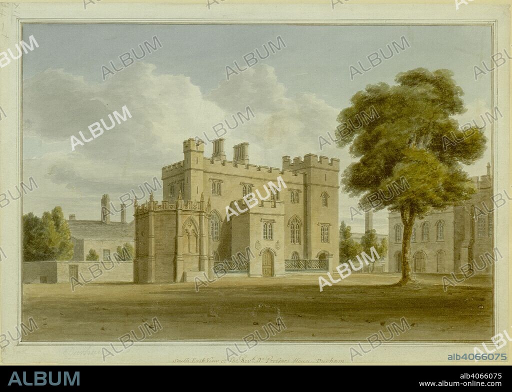 JOHN BUCKLER. A gothic building in the centre of the scene; a tree to the right; other buildings in the distance. South East View of The Revd Dr Prosser's House Durham. 1810. Source: Maps K.Top.12.34.t. Language: English.