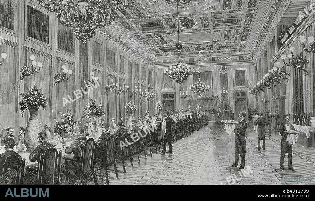 España. Andalucia. Huelva. Inauguración del "Gran Hotel Colón". Vista del comedor principal. Grabado por Bernardo Rico (1825-1894). La Ilustración Española y Americana, 15 de julio de 1883.